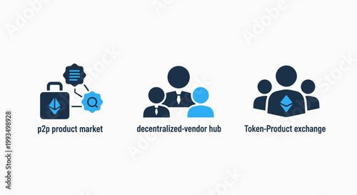 Icons of decentralized finance concepts: p2p marketplace vendor hub token exchange with smart contract digital currency flat design marketplace cryptocurrency blockchain investment connection