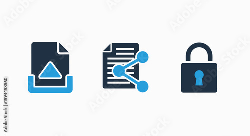 Icons for file upload sharing security lock with document download connection collaboration security protection illustration technology transfer permission confidential information