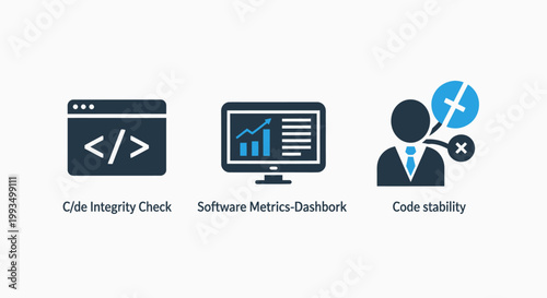 Software development and data analysis icons: code integrity software metrics dashboard code stability with user experience software development technology programming computer analysis