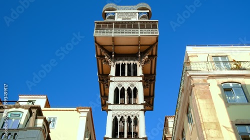 Santa Justa elevator and its cabin going up, Lisbon, Portugal on sunny