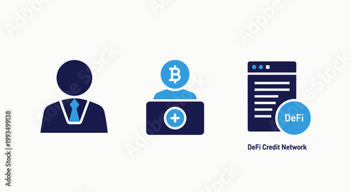 Decentralized finance concept icons with user bitcoin network decentralized cryptocurrency blockchain technology currency transaction exchange investment internet application software