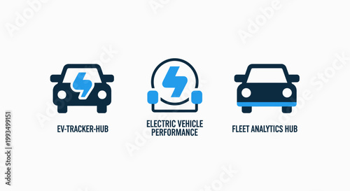 Electric vehicle icons: tracker hub performance monitoring fleet analytics with automobile industry transport technology management analytics performance monitoring charging illustration