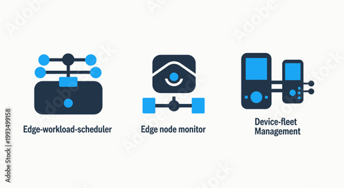 Edge computing icons: workload scheduler node monitor device fleet management data center network management software icon app icon digital transformation computing technology computer