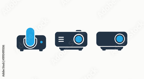Set of modern digital projector icons representing multimedia presentation and display technology devices with home theater conference room projector multimedia presentation technology education