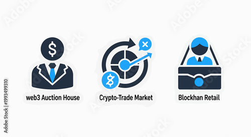 Web3 auction house crypto-trade market and blockchain retail icons representing decentralized finance concepts with digital currency non fungible token e commerce smart contract blockchain