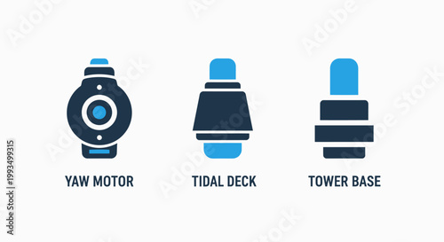 Industrial components yaw motor tidal deck and tower base icons representing engineering and energy structures with wind turbine heavy industry industrial engineering components structure