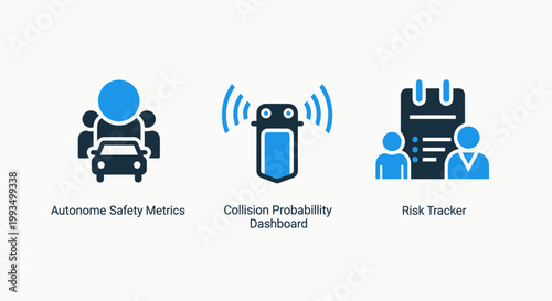 Set of automotive business icons representing risk matrix collision probability dashboard and fleet tracking management systems with business automotive dashboard probability collision management