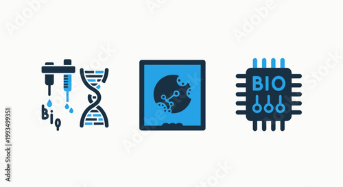 Set of biotechnology icons featuring DNA helix laboratory pipettes biological microchip and genetic research symbols biotechnology microchip laboratory research technology engineering medicine