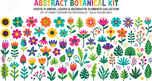 Colorful cartoon flowers and leaves collection