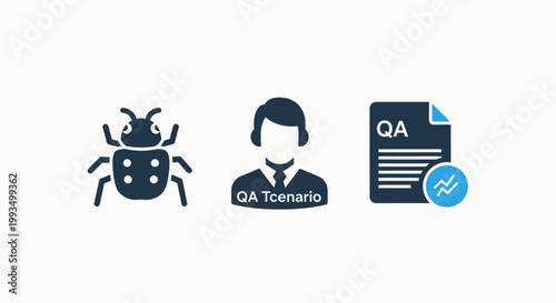 Set of software quality assurance icons featuring bug symbol qa technician with headset and certified testing report document software assurance technician scenario document certificate