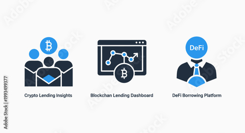 Crypto lending insights and blockchain dashboard icons for de fi financial borrowing platforms with cryptocurrency blockchain dashboard platform insights decentralized currency investment