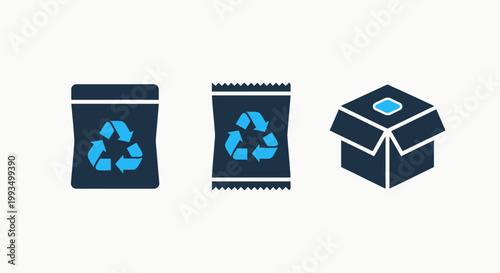 Collection of recycling bags and a cardboard box icon illustrating waste management and eco-friendly packaging solutions with white background recycling environment conservation container