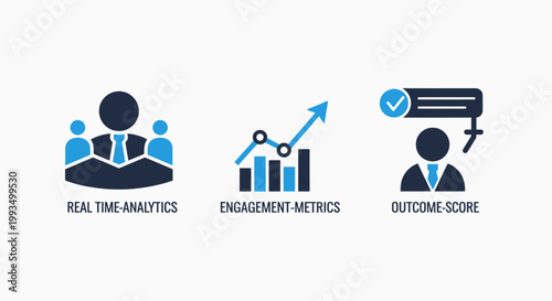 Business analytics icons set including real time analytics engagement metrics and outcome score performance dashboards with business analytics performance tracking engagement statistics strategy