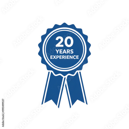 A minimalist blue vector award ribbon badge featuring the text 20 years experience isolated on a white background concept of professional expertise