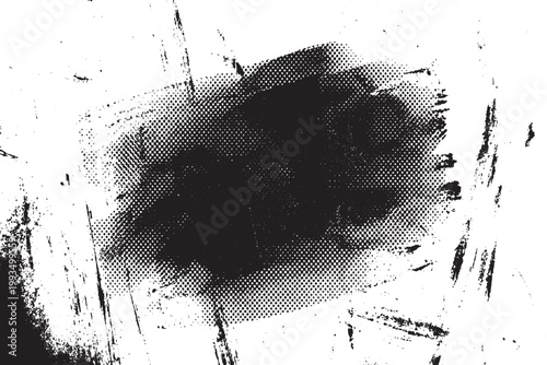 Grunge Halftone Black Ink Splash Texture on White Background