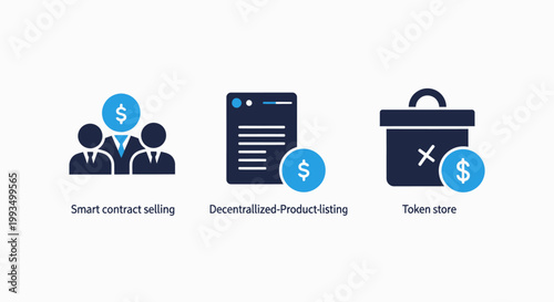 Professional business and financial icon set featuring smart contract editing demand based productivity and tokenized asset management symbols contract productivity tokenized business management