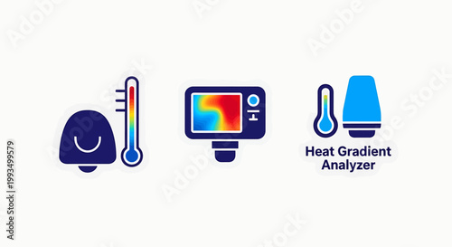 Thermal heat gradient analyzer icon set featuring infrared camera displays and temperature measurement gauges for industrial and science applications gradient analyzer temperature measurement