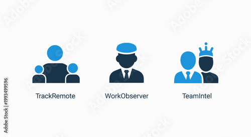 Remote work observation and team leadership icons depicting employee tracking tools and management crown symbols for business supervision with observation tracking management leadership personnel
