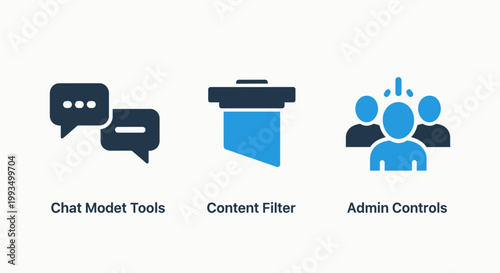 Chat model tools content filter admin controls icons for digital moderation and management systems with artificial intelligence machine learning controls administration management moderation