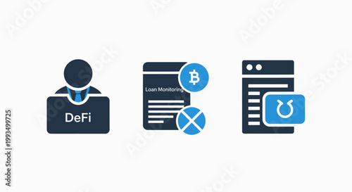 Decentralized finance (de fi) icons depicting cryptocurrency transactions and blockchain applications with digital currency smart contract peer to peer digital asset cryptocurrency blockchain