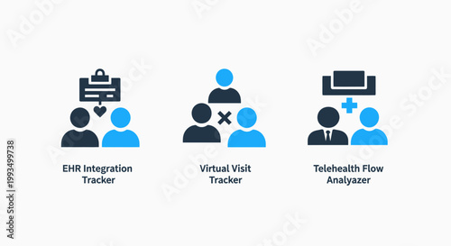 Digital health and patient care management icons: ehr integration tracker virtual visit tracker telehealth flow analyzer electronic health record medical technology health it remote care