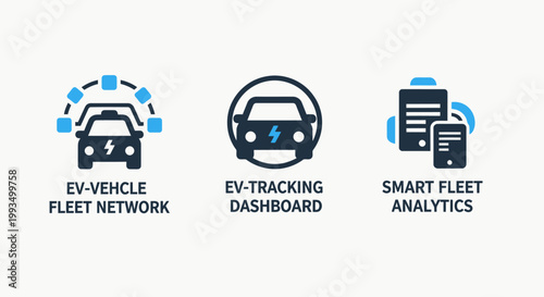 Electric vehicle fleet management icons: ev-vehicle fleet network ev-tracking dashboard smart fleet analytics sustainable transport electric car zero emission green energy vehicle