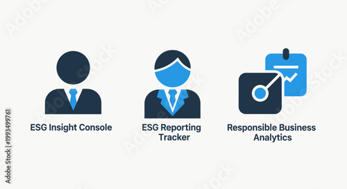 Esg reporting and responsible business analytics icons: esg insight console environmental social governance corporate social responsibility