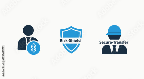 Business risk management icon set featuring financial investment person shield protection and secure transfer worker symbols business security transfer investment protection currency management