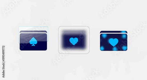 Set of digital user interface cards featuring glowing spade and heart symbols on dark blue background for apps or gaming gambling interface resource software application entertainment abstract