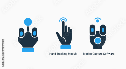Hand tracking and motion capture technology icons illustrating digital finger interaction and modern software interface symbols with technology tracking software interface interaction augmented