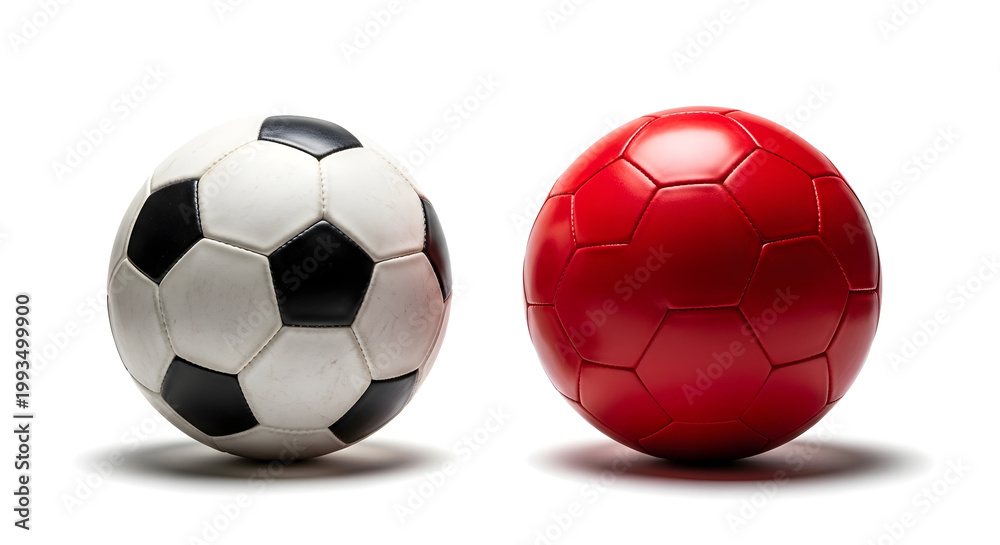 Fototapeta premium Two soccer balls, one black and white and the other red, sitting side by side on a plain white background