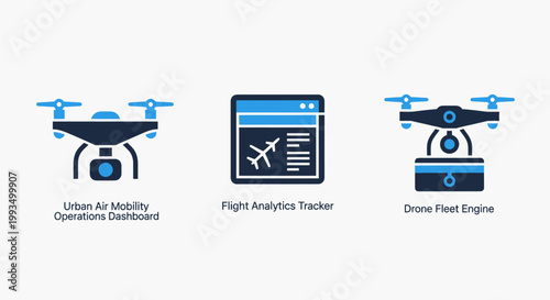 Collection of drone fleet management and flight analytics software icons featuring aerial mobility dashboard analytics technology management software interface aviation mobility dashboard