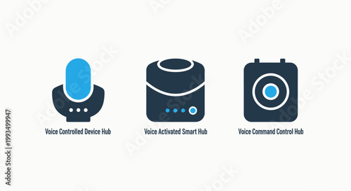Collection of smart device icons including voice activated hub desktop microphone and compact smart security camera with microphone security activated technology electronic wireless internet