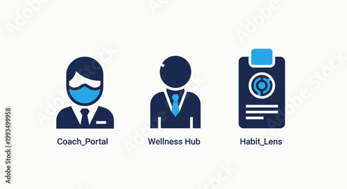 Set of health and coaching service icons including coach portal wellness hub and habit logs with coaching wellness lifestyle tracking personal management application professional guidance
