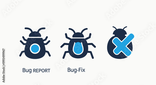 Set of software bug management icons including bug report bug fix and error handling with software development debugging programming computer application technology solution technical