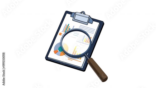 Searching for Business Insights. Animated Magnifying Glass on Clipboard with Statistics