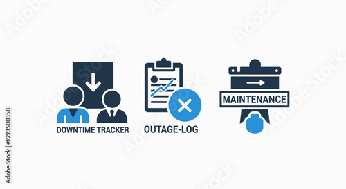 It maintenance and system outage tracker icons set with maintenance downtime business technology management infrastructure computer information technical monitoring software database