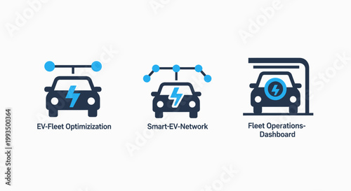 Electric vehicle fleet management icons set including fleet communication network operations dashboard with electric management communication dashboard transportation automotive connected