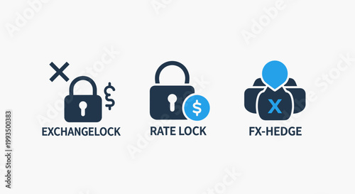 Financial transaction security and exchange protection icons including exchange lock rate lock fx hedge with security exchange protection transaction currency business investment management