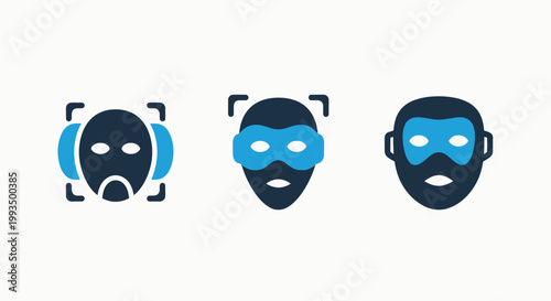 Biometric facial recognition and identity verification icons featuring scanner frames and user identity detection biometric recognition identity verification detection technology security