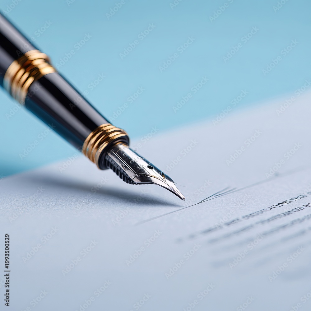 Fototapeta premium Elegant fountain pen signing document, close-up showcasing detail, precision, legal process, contract completion.
