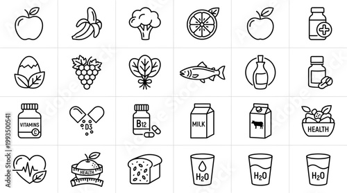 Healthy food and lifestyle icons Nutrition, wellness, and organic ingredients
