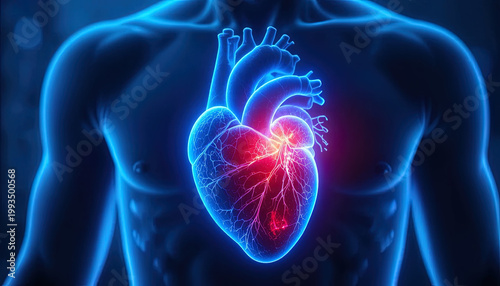 Digital representation of a human torso highlighting a diseased or inflamed heart organ with glowing red accents