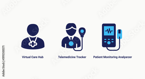 Remote healthcare and telemedicine technology icons for virtual patient monitoring with telemedicine healthcare monitoring technology tracking analyzer medicine consultation diagnosis