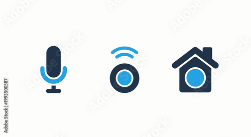 Smart home voice control and automation icons for internet connected household devices with automation microphone connectivity wireless internet technology household communication assistant