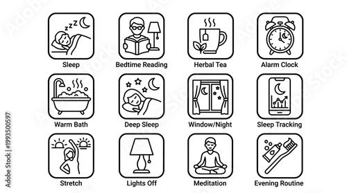 Collection of icons representing healthy evening routines and relaxation activities for a peaceful night's sleep