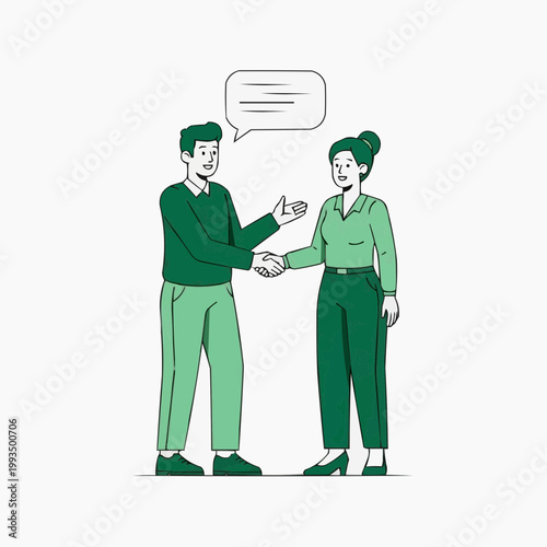 A minimalist vector illustration of a man and woman shaking hands with a speech bubble