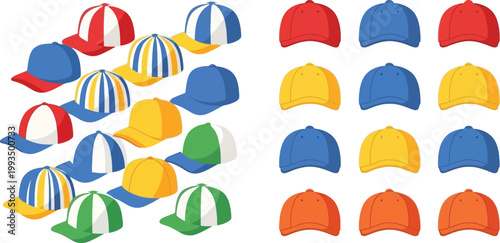 Baseball Cap Vector Collection with Colorful Sport Hats, Casual Headwear Variations, and Adjustable Snapback Designs for Fashion and Apparel Illustration