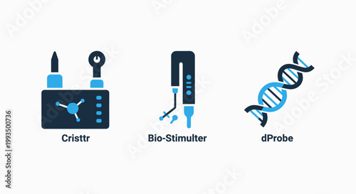 Collection of scientific and medical icons representing crittr bio-stimulator d probe genetic helix genetics biotechnology stimulator clinical research laboratory experiment molecule