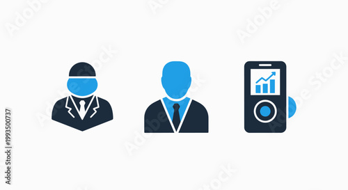 Business management and financial analytics icons featuring professional avatars and mobile market report tracker business management analytics reporting professional corporate executive